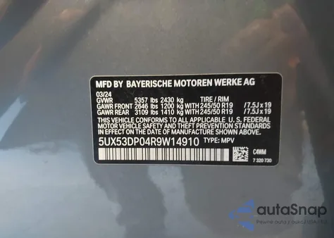 2024 BMW X3 xDrive30I from USA, damaged, VIN 5UX53DP04R9W14910